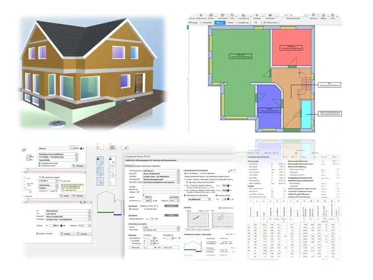 digitale Hausansicht in Holzoptik mit Grundriss und Berechnungsunterlagen im Hintergrund.