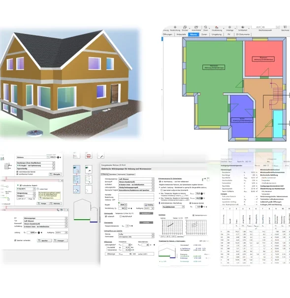 Haus in 3D-Ansicht mit Grundriss und Gebäudedetails in Software-Darstellung.