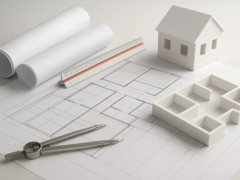 Modell eines Hauses mit Bauplänen und Zeichengeräten auf einem Tisch.
