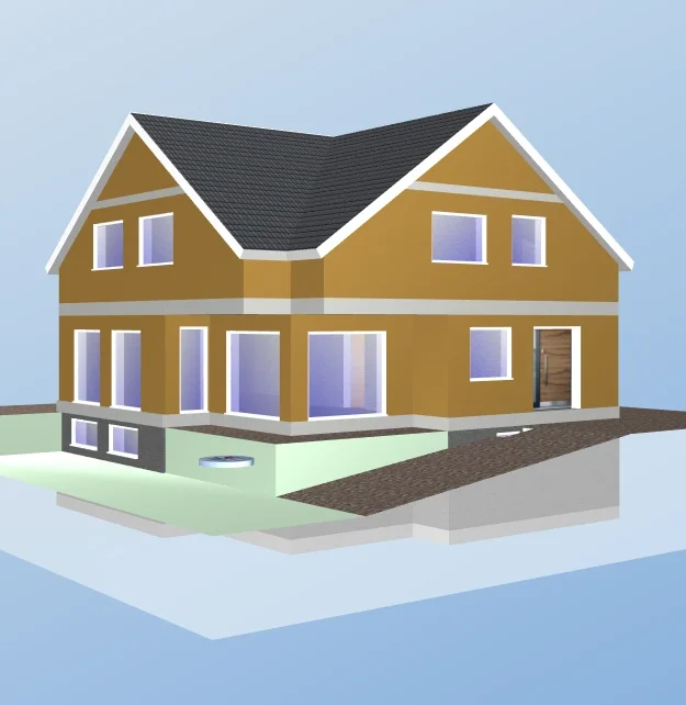 Moderner, zweigeschossiger Wohnhaus mit großen Fenstern und einem schrägen Dach.