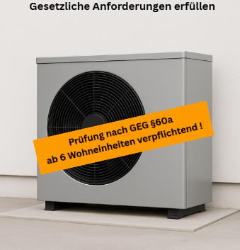 Graue Klimaanlage mit schwarzem Ventilator und orangefarbener Hinweistafel.