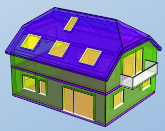 Grafische Darstellung eines modernen Hauses mit grünem Unterbau und lila Dach.