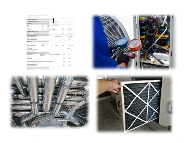 Dokumente zur HVAC-Wartung, Manometer, Rohre, Luftfilter