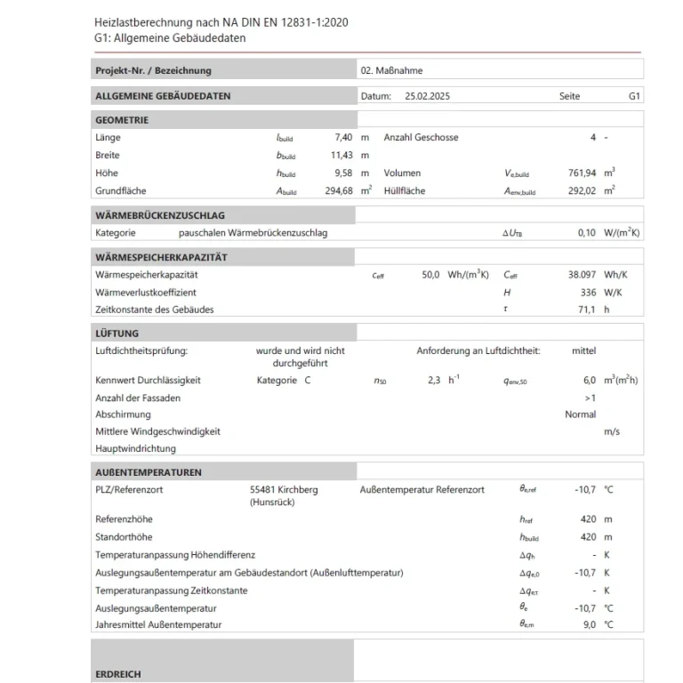 Ein Datenblatt aus der Heizlastberechnung