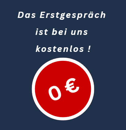 Kostenloses Erstgespräch in rotem Kreis mit der Zahl 0 auf blauem Hintergrund.