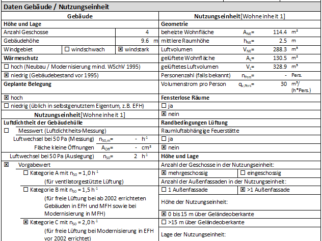 Datenauszug aus einem Lüftungskonzept