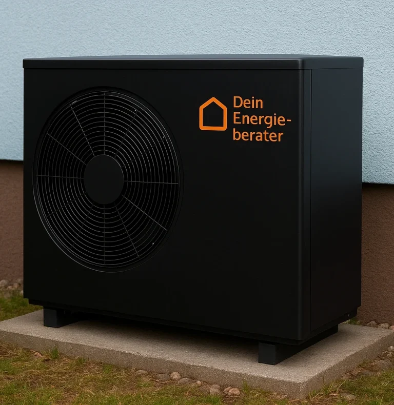 Schwarze Außeneinheit einer Wärmepumpe mit Lüfter und Logo.