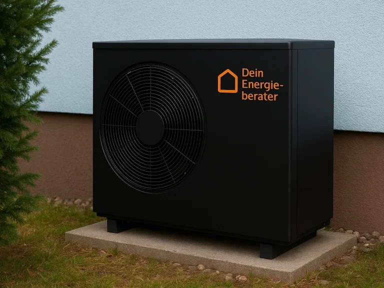 Schwarze Wärmepumpe mit orangefarbenem Logo, auf einem grünen Rasen neben einer Wand.