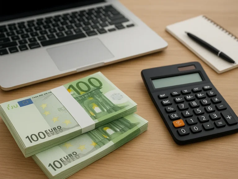 Bündel von 100-Euro-Scheinen neben Laptop, Taschenrechner und Notizblock.