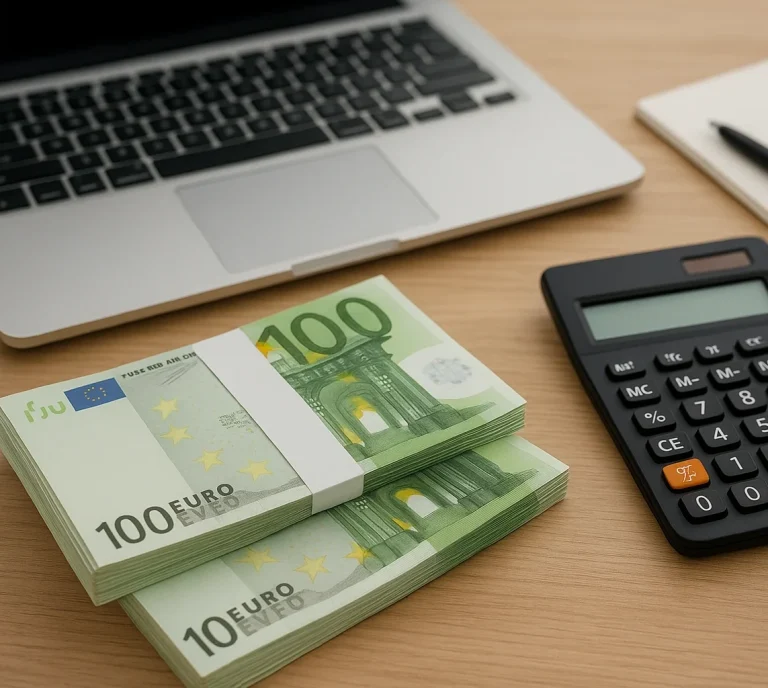 Zwei Bündel 100-Euro-Scheine neben einem Laptop und einem Taschenrechner.