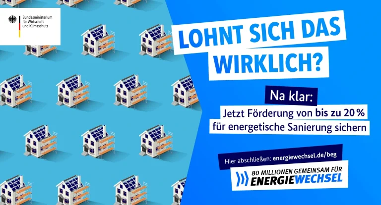 Wiederholung von weißen Klimageräten auf rotem Hintergrund mit Text zur Altbau-Nutzung.