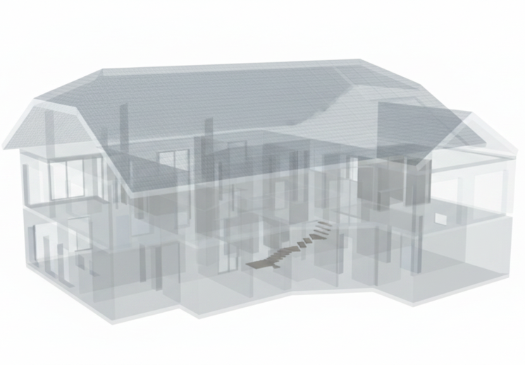 CAD Gebäude Moderner, zweigeschossiger Wohnhaus mit großen Fenstern und einem schrägen Dach - am Computer modelliert.