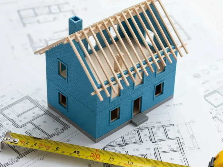 Modell eines blauen Hauses mit sichtbarem Dachstuhl auf Bauplänen. Maßband darunter.