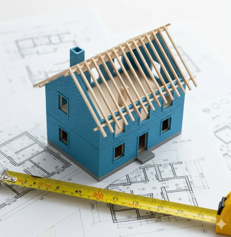 Modell eines blauen Hauses mit Holzrahmen auf einem Bauplan und einem Maßband daneben.
