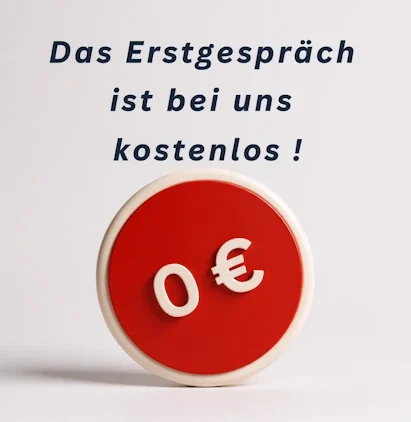 kostenloses Erstgespräch Kostenloses Erstgespräch in rotem Kreis mit der Zahl 0 auf blauem Hintergrund.